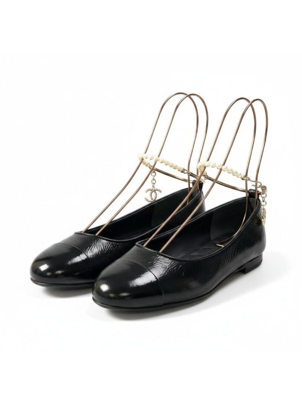 Chanel Ballerina Pearl Anklet CC Logo Flat Pumps Black 36